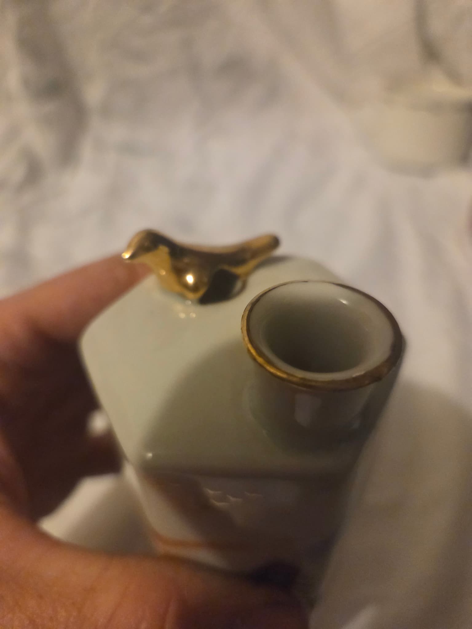 Vintage Japanese Porcelain Sake Decanter with Bird Finial and Mt. Fuji Landscape — photo 4 of 4