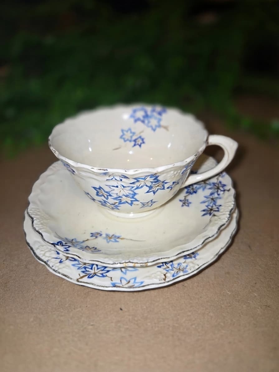 Vintage Japanese Porcelain Tea Trio - Blue Maple Leaf Pattern — photo 1 of 3