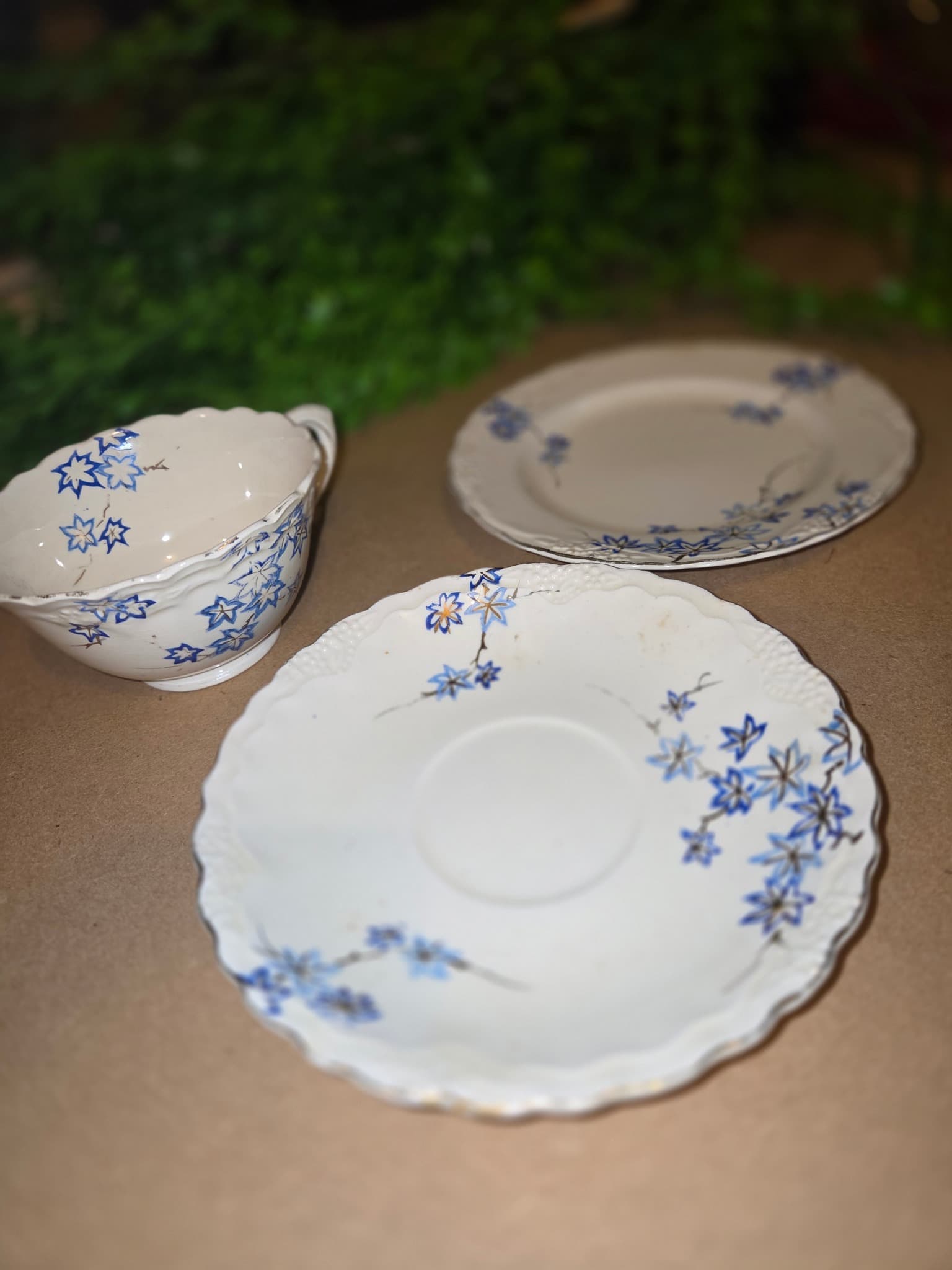 Vintage Japanese Porcelain Tea Trio - Blue Maple Leaf Pattern — photo 2 of 3