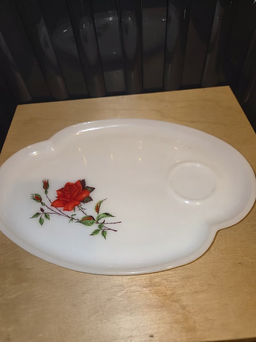 Vintage Milk Glass Snack Plate - Red Rose Pattern — photo 1 of 2