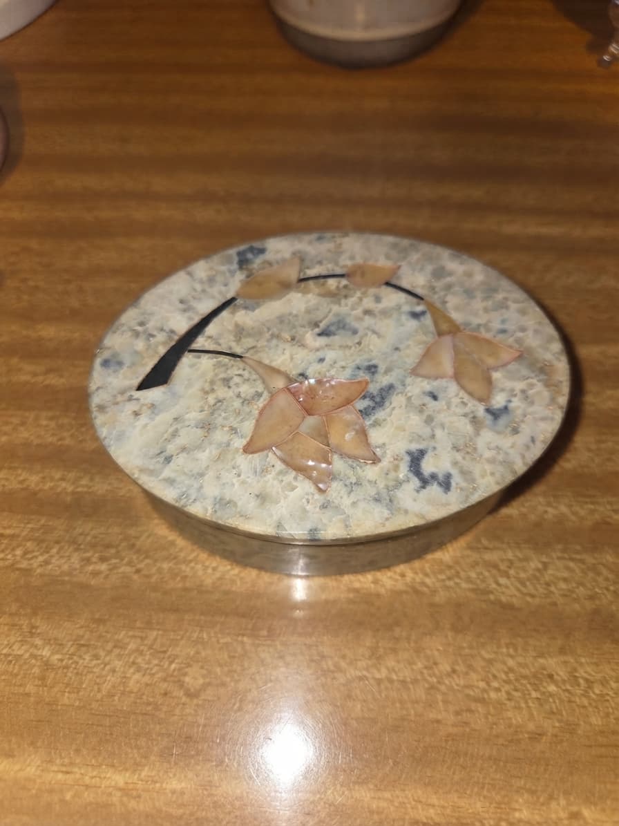Vintage Oval Stone Trinket Box with Mother of Pearl Floral Inlay — photo 1 of 3