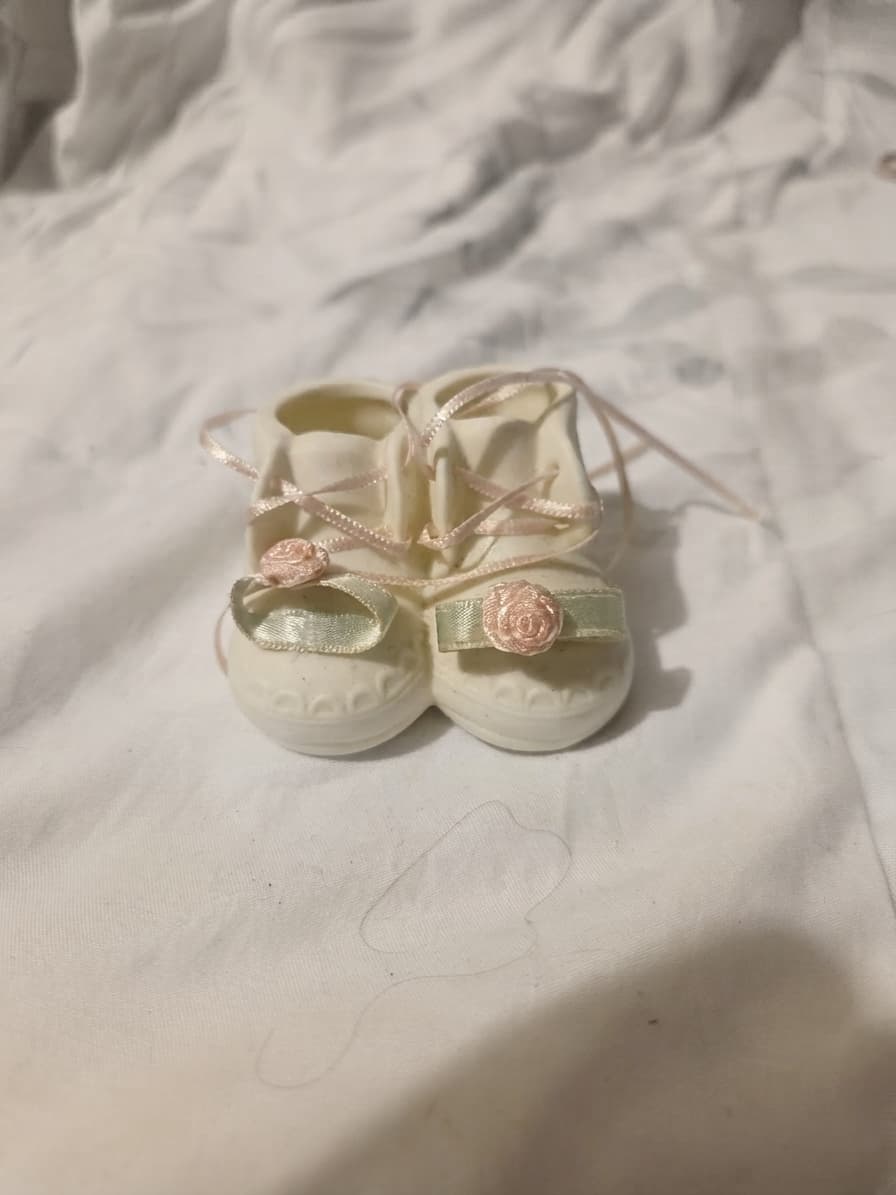 Vintage Porcelain Miniature Baby Shoes with Ribbon and Rose Detail — photo 1 of 3