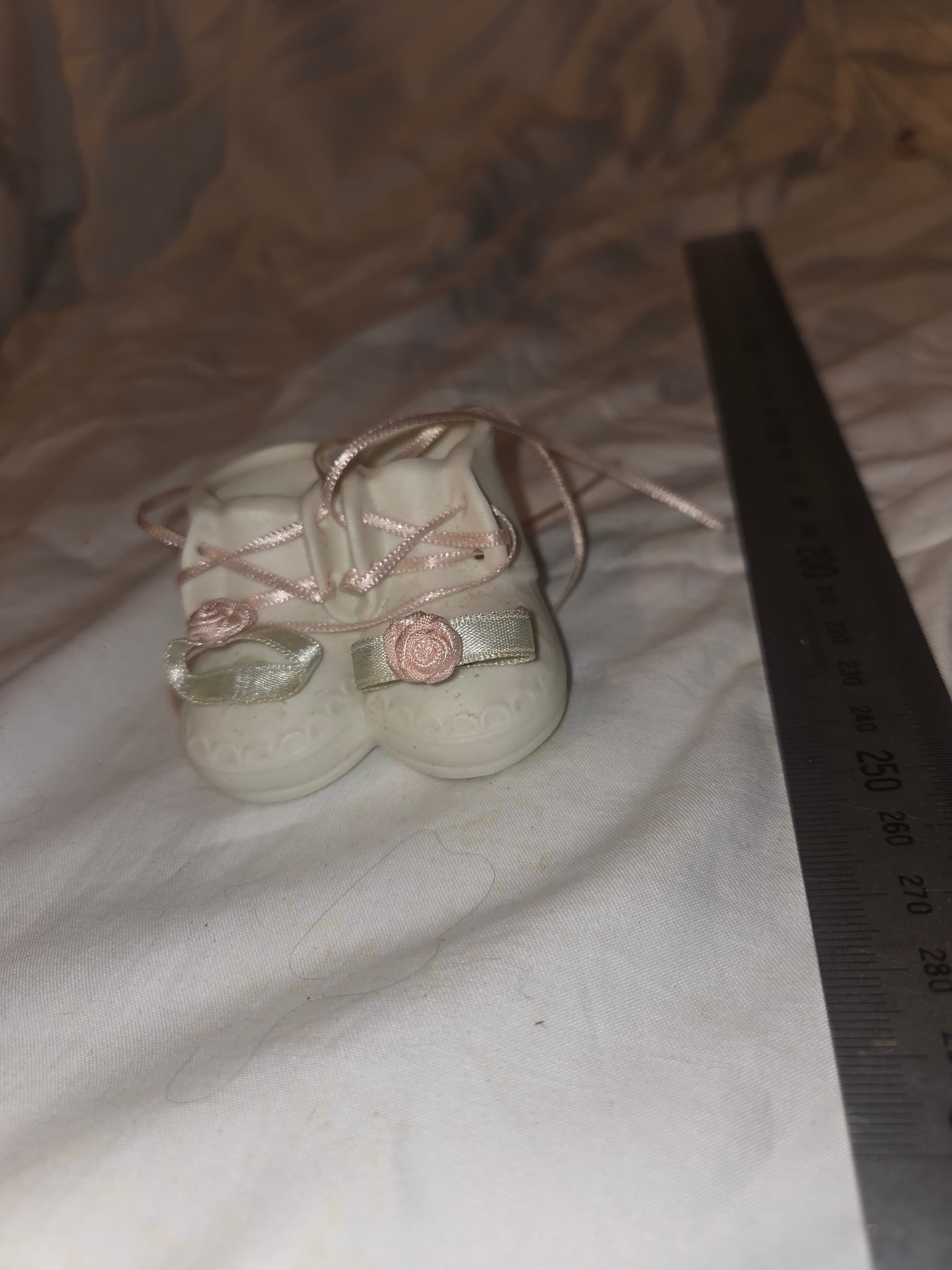 Vintage Porcelain Miniature Baby Shoes with Ribbon and Rose Detail — photo 2 of 3