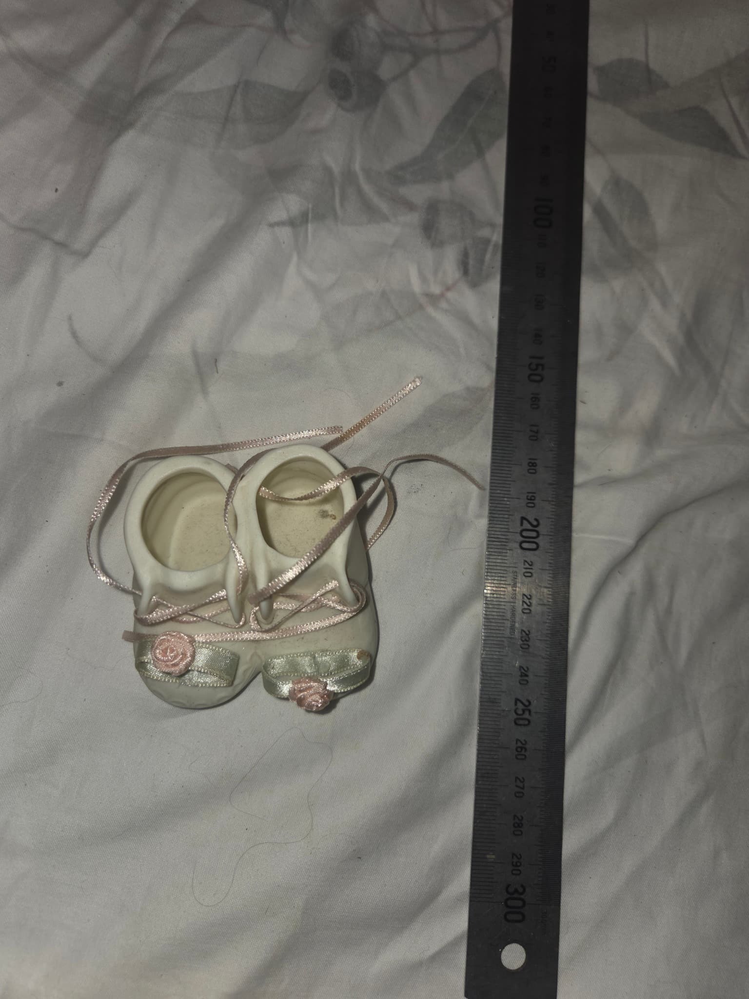 Vintage Porcelain Miniature Baby Shoes with Ribbon and Rose Detail — photo 3 of 3