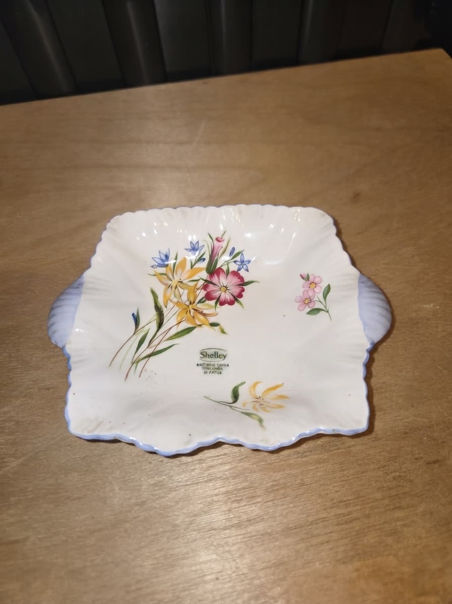 Vintage Shelley Fine Bone China Floral Trinket Dish with Blue Shell Handles — photo 1 of 2
