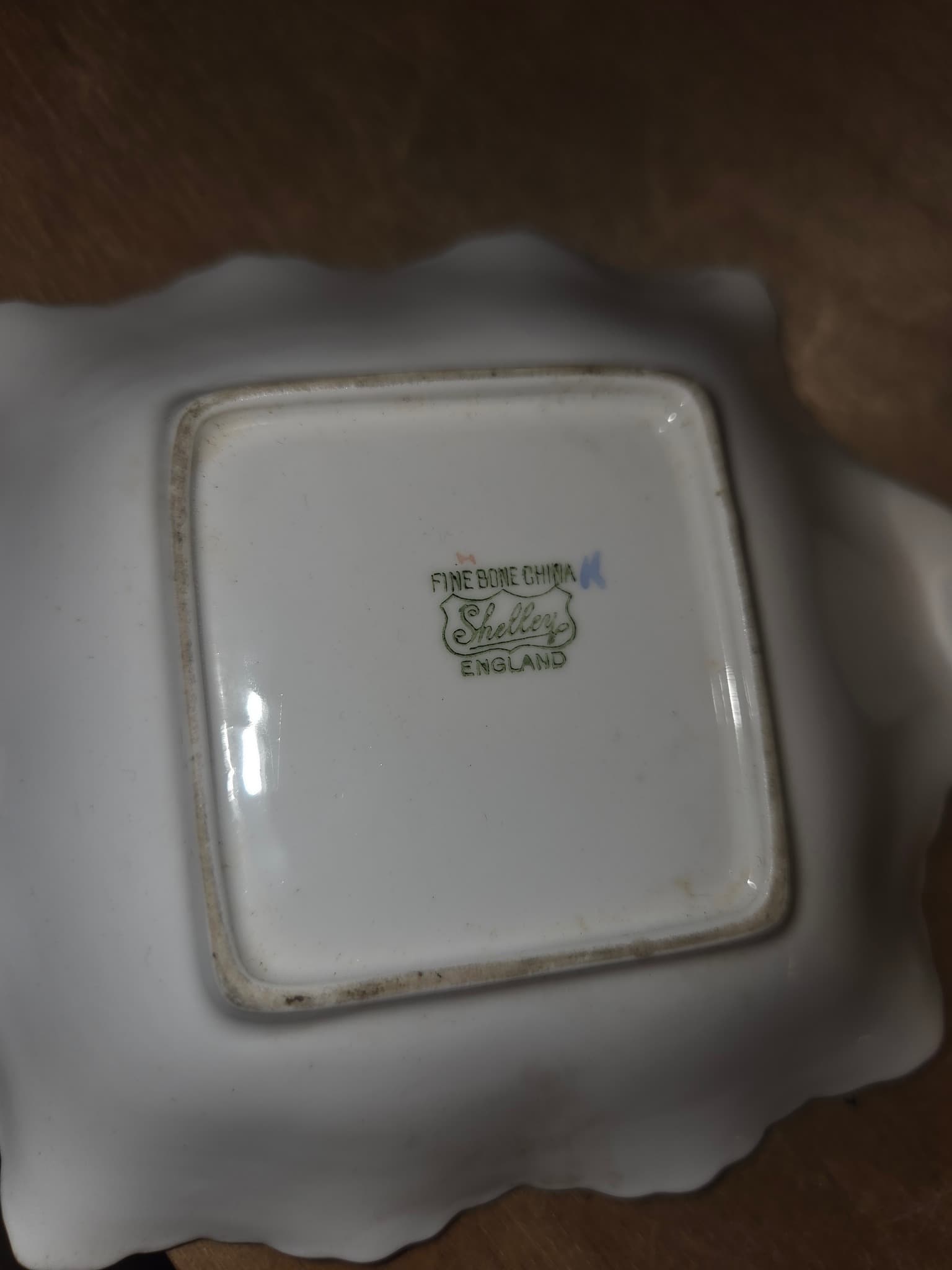 Vintage Shelley Fine Bone China Floral Trinket Dish with Blue Shell Handles — photo 2 of 2
