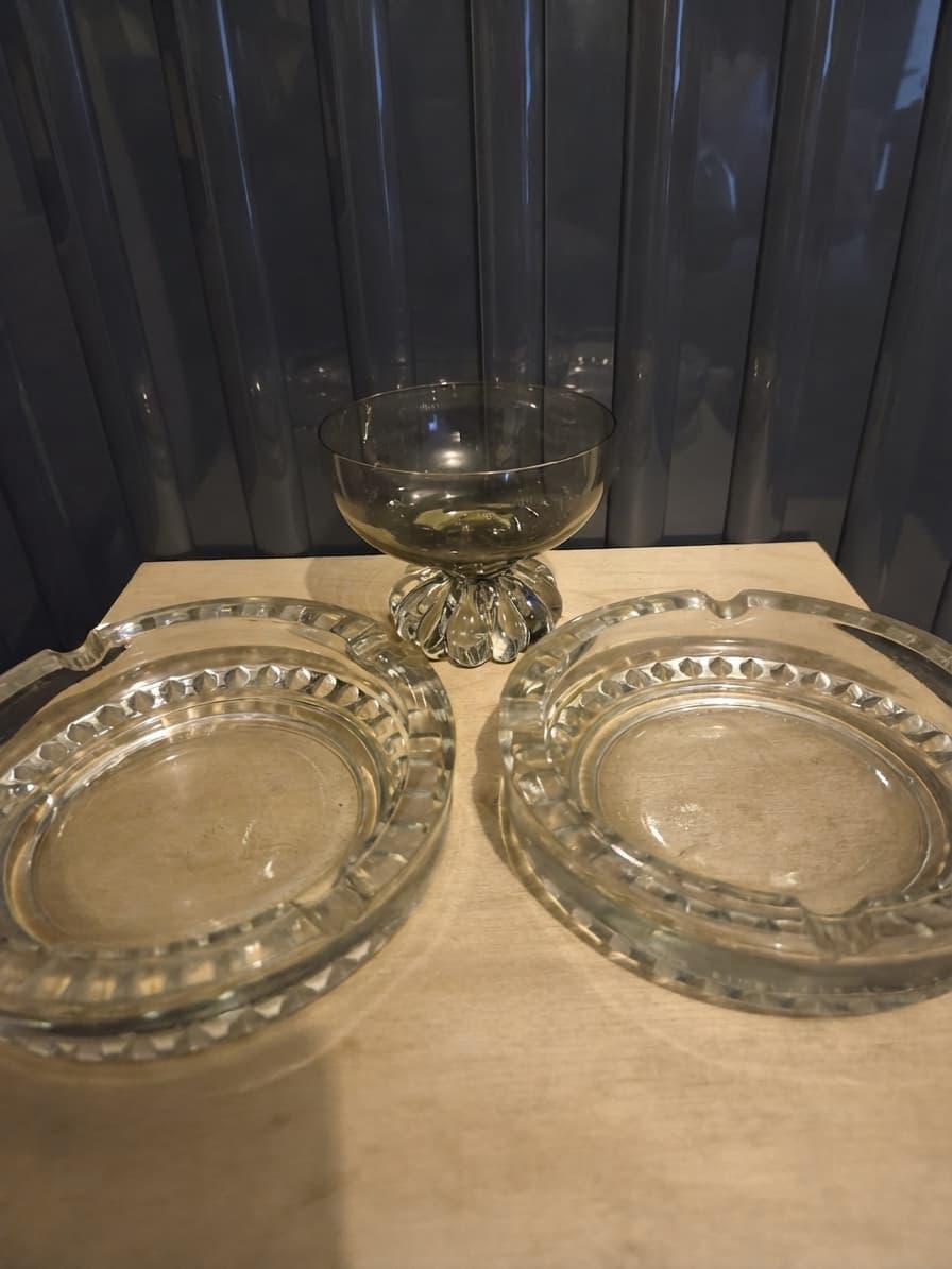 Vintage THE RAVENHEAD CO LTD Pressed Glass Ashtray and Footed Bowl Set — photo 1 of 6