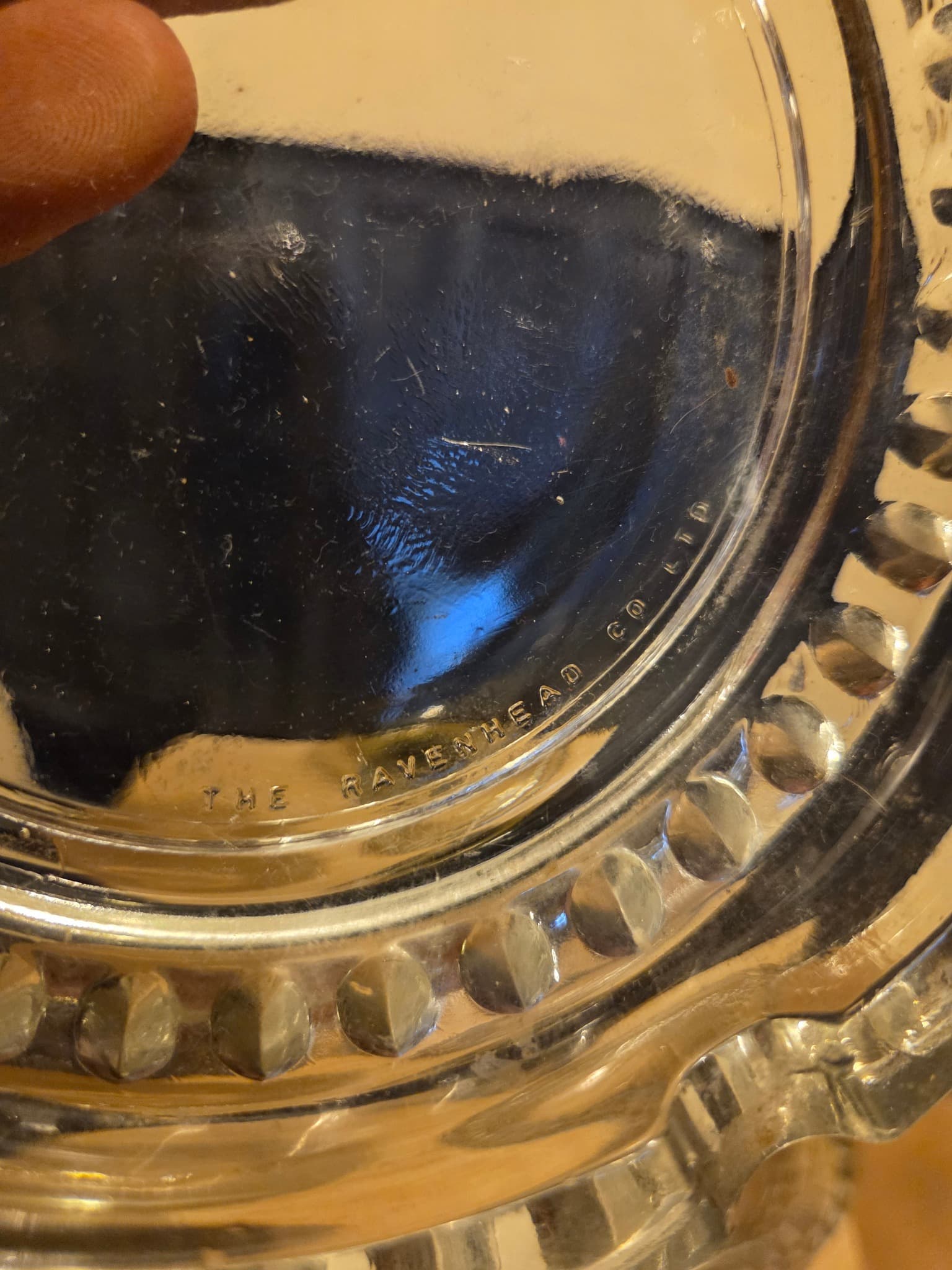 Vintage THE RAVENHEAD CO LTD Pressed Glass Ashtray and Footed Bowl Set — photo 6 of 6