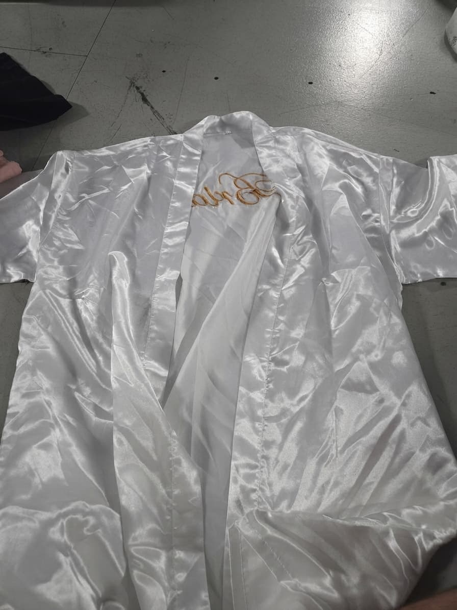 White Satin Bride Robe With Gold Embroidery — photo 1 of 3
