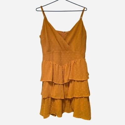 Dotti Swiss Dot Tiered Ruffle Mini Dress - Mustard Yellow Size 14 — photo 1 of 7