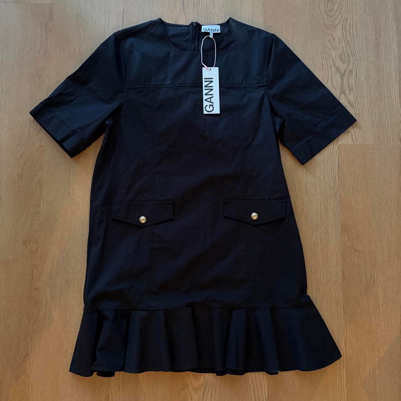 Ganni Black Cotton Poplin Mini Dress With Ruffle Hem — photo 1 of 4