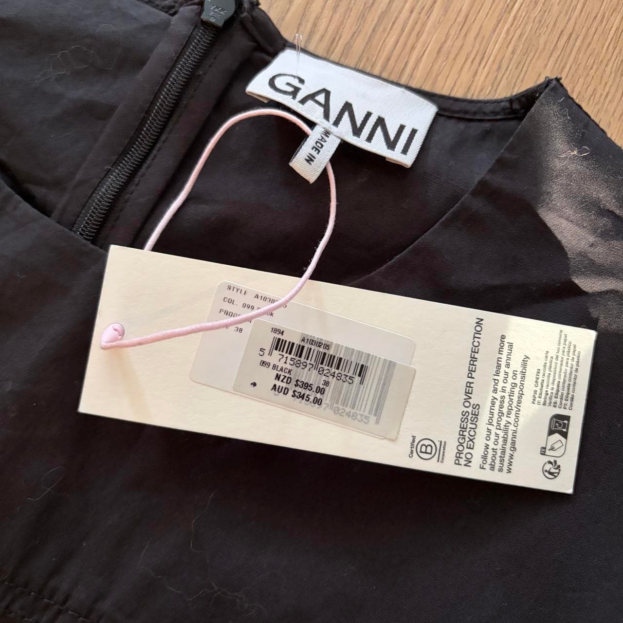Ganni Black Cotton Poplin Mini Dress With Ruffle Hem — photo 2 of 4