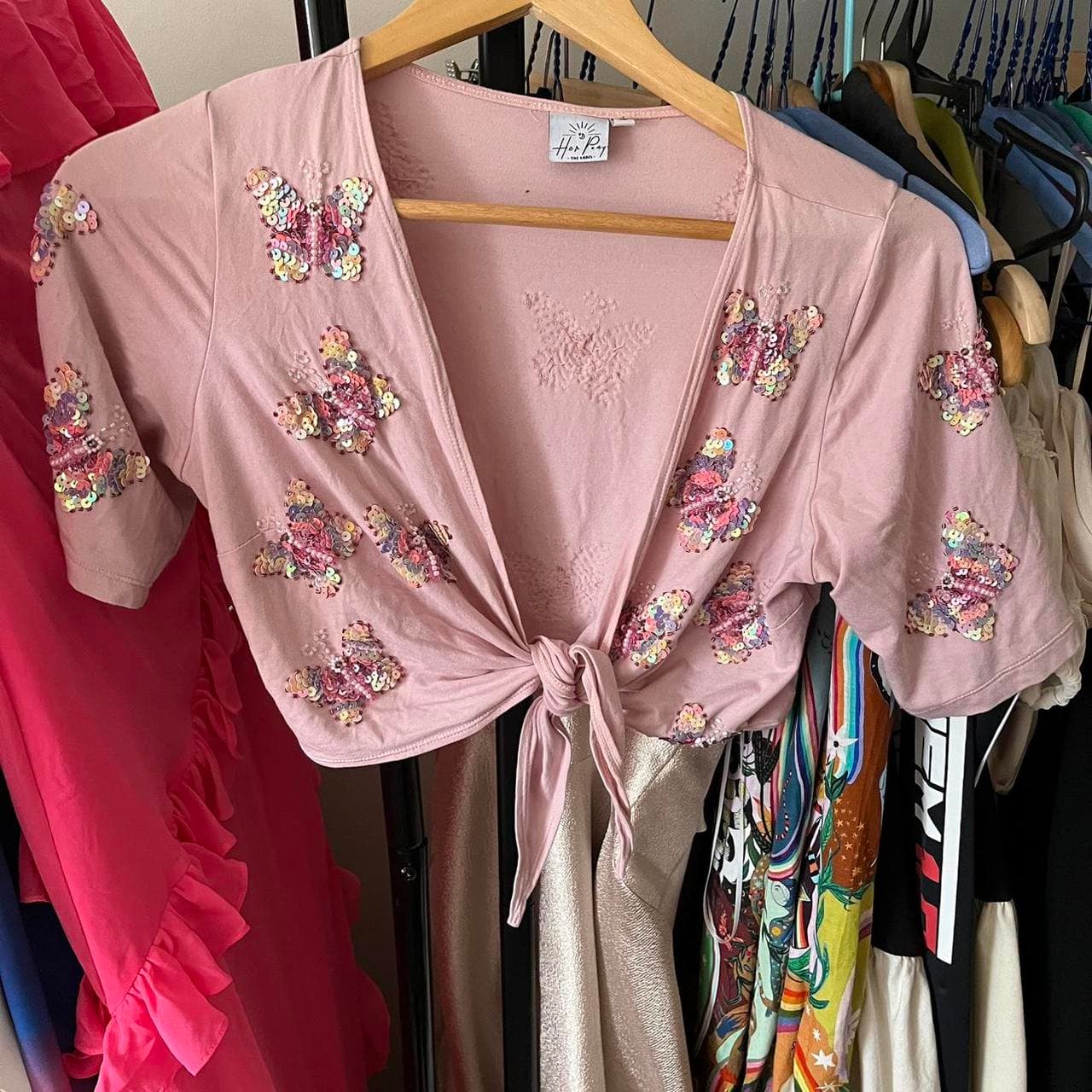 Her Pony Sequin Butterfly Tie-Front Crop Top Pink Size 10 — photo 2 of 5