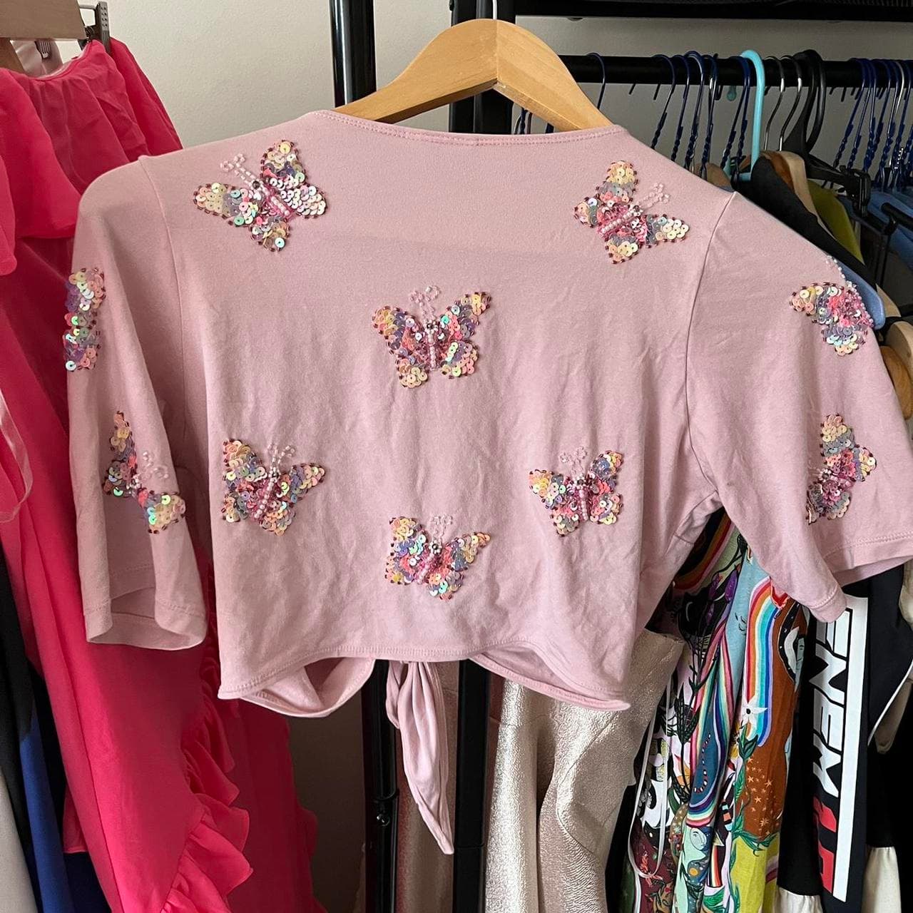 Her Pony Sequin Butterfly Tie-Front Crop Top Pink Size 10 — photo 3 of 5