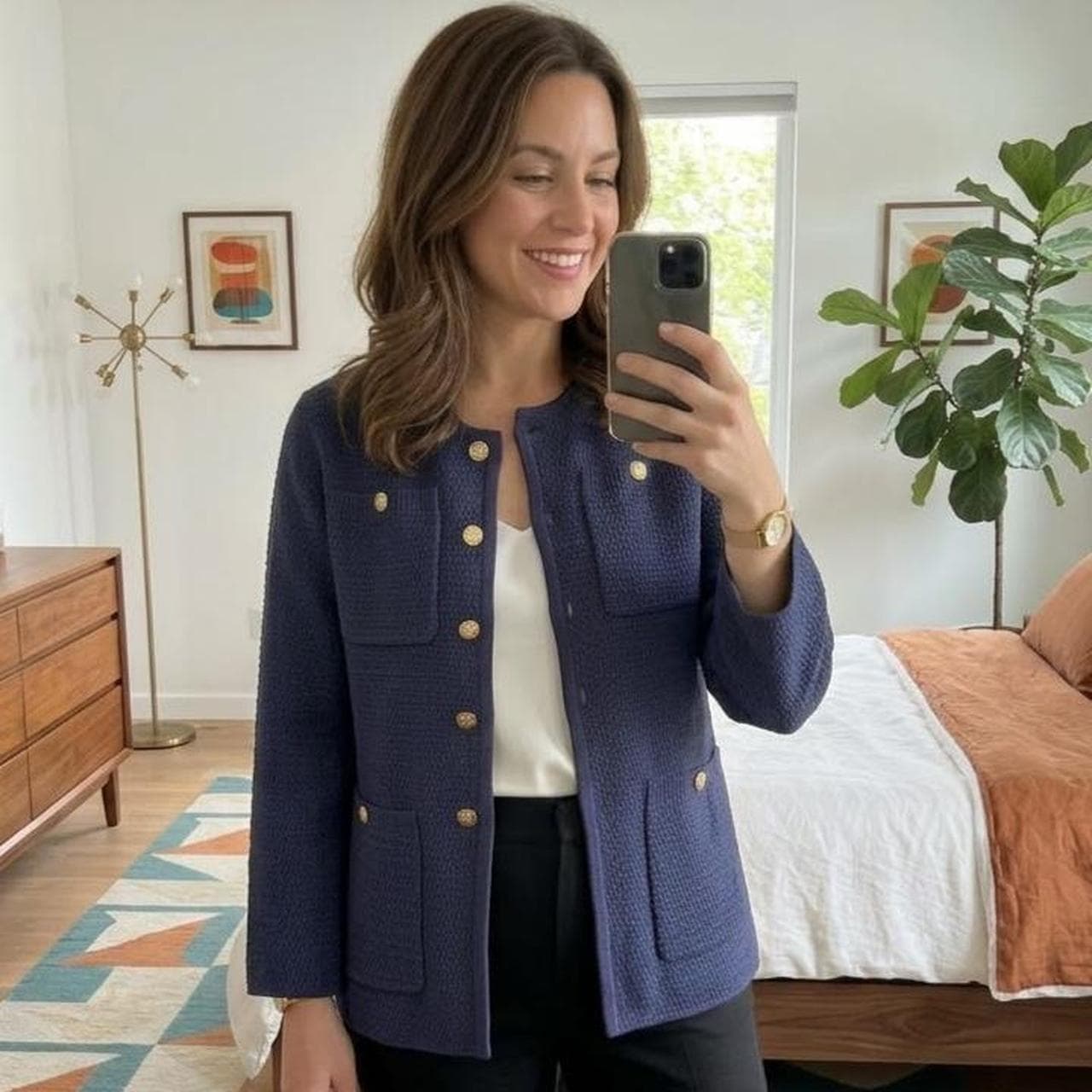 Onte Navy Blue Textured Knit Jacket With Gold Buttons — photo 1 of 4