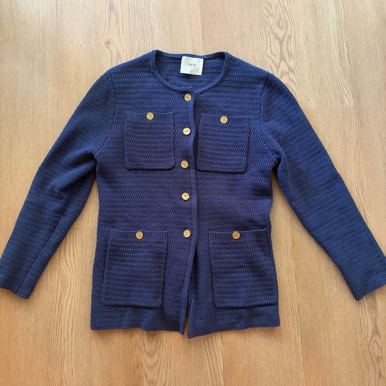 Onte Navy Blue Textured Knit Jacket With Gold Buttons — photo 2 of 4