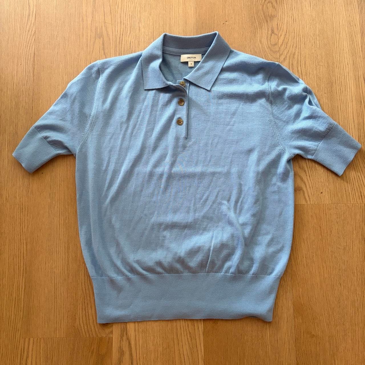 Oroton Merino Wool & Silk Knit Polo Shirt Light Blue Size M — photo 1 of 5