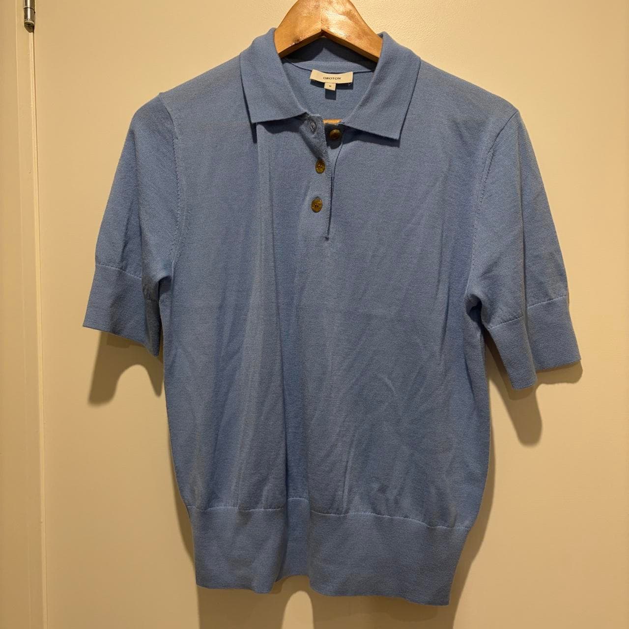 Oroton Merino Wool & Silk Knit Polo Shirt Light Blue Size M — photo 4 of 5