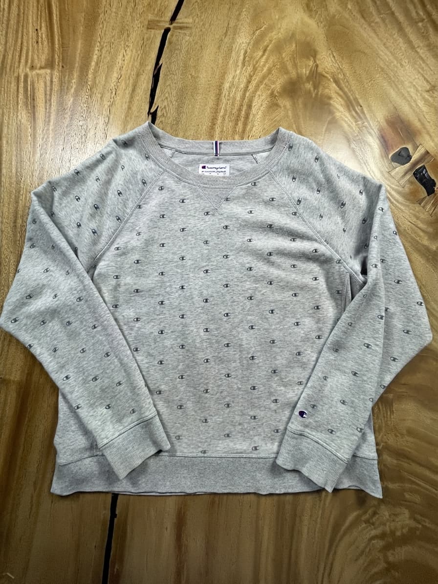 Champion Crewneck Sweatshirt All-Over Logo Print Grey Unisex L
