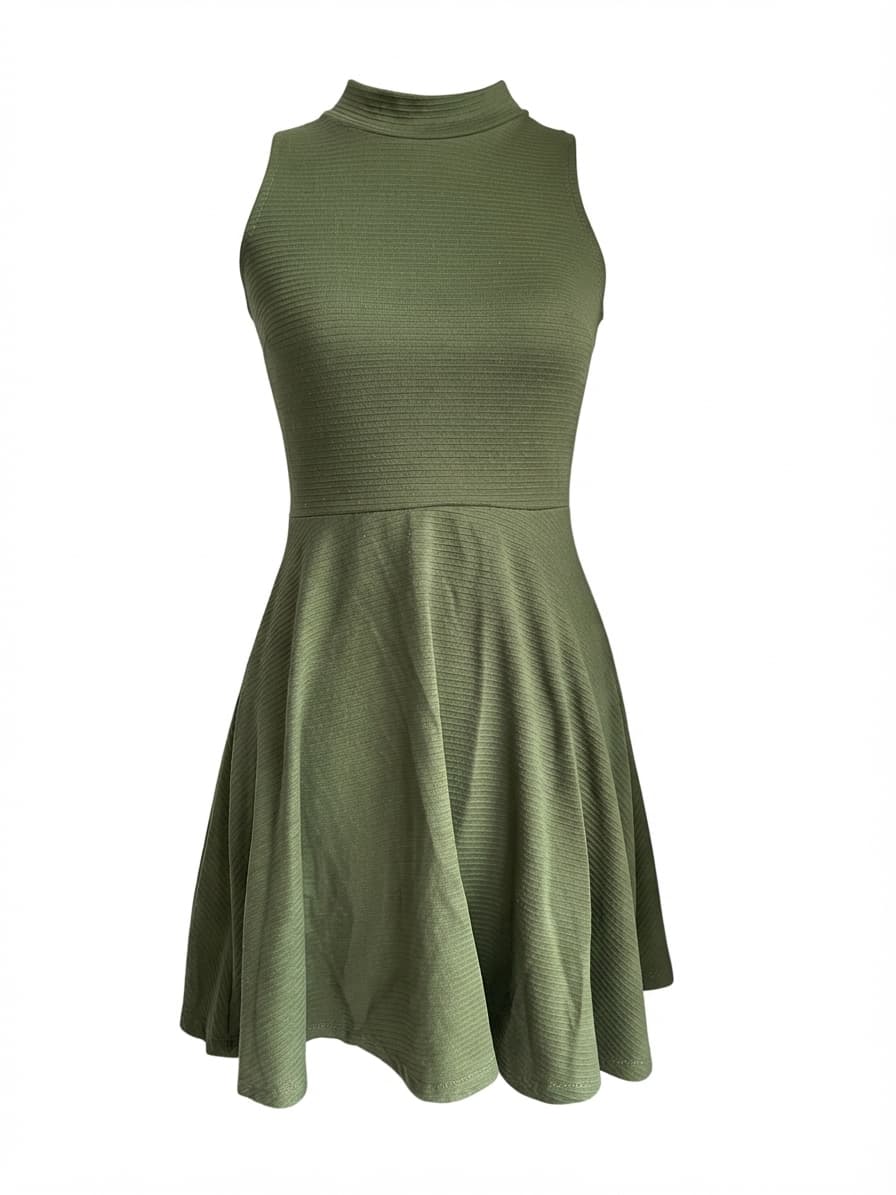 Factorie Ribbed Mock Neck Skater Dress Olive Green XS — photo 1 of 6