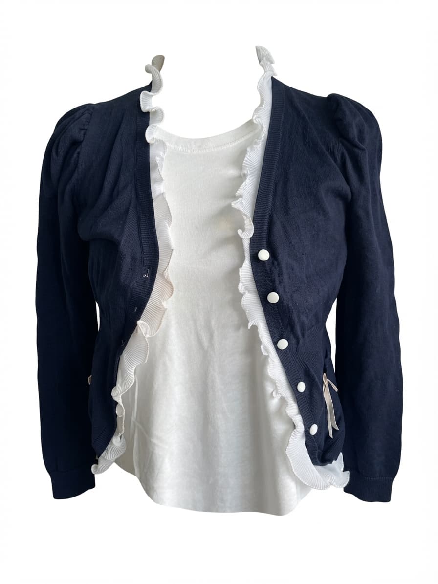 Navy Blue Cardigan Ruffle Trim & Bow Detail Size XL — photo 1 of 10