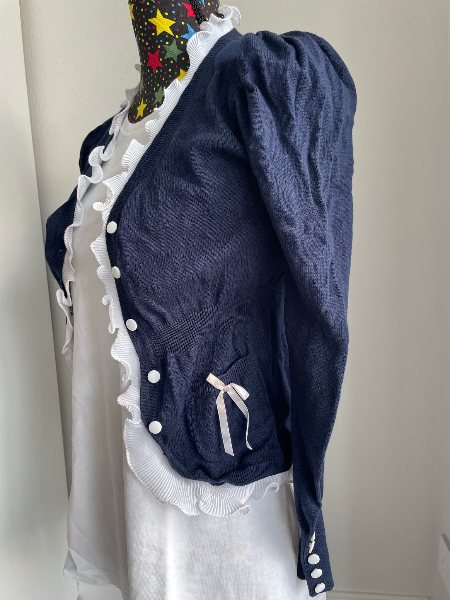 Navy Blue Cardigan Ruffle Trim & Bow Detail Size XL — photo 2 of 10