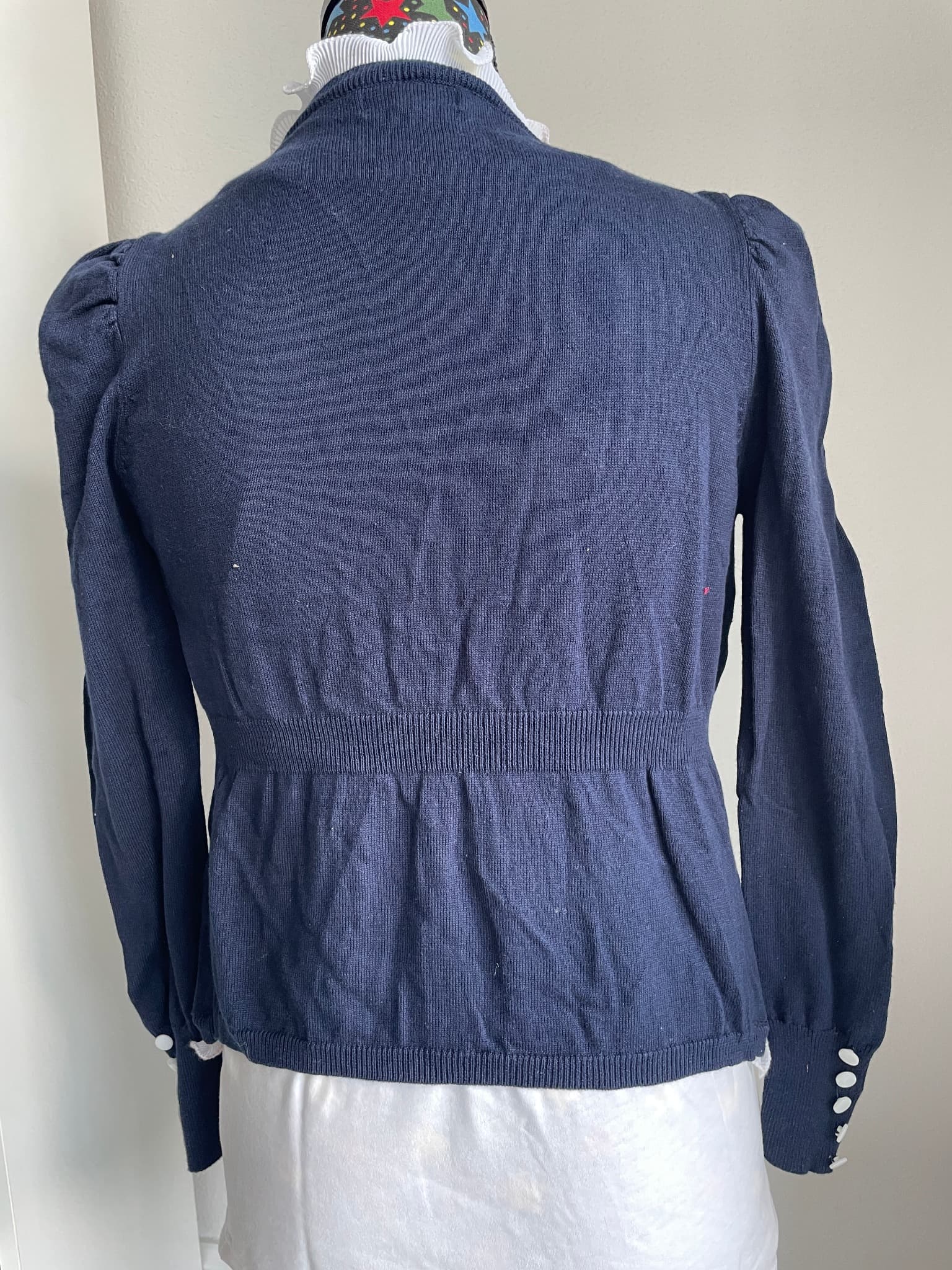Navy Blue Cardigan Ruffle Trim & Bow Detail Size XL — photo 3 of 10