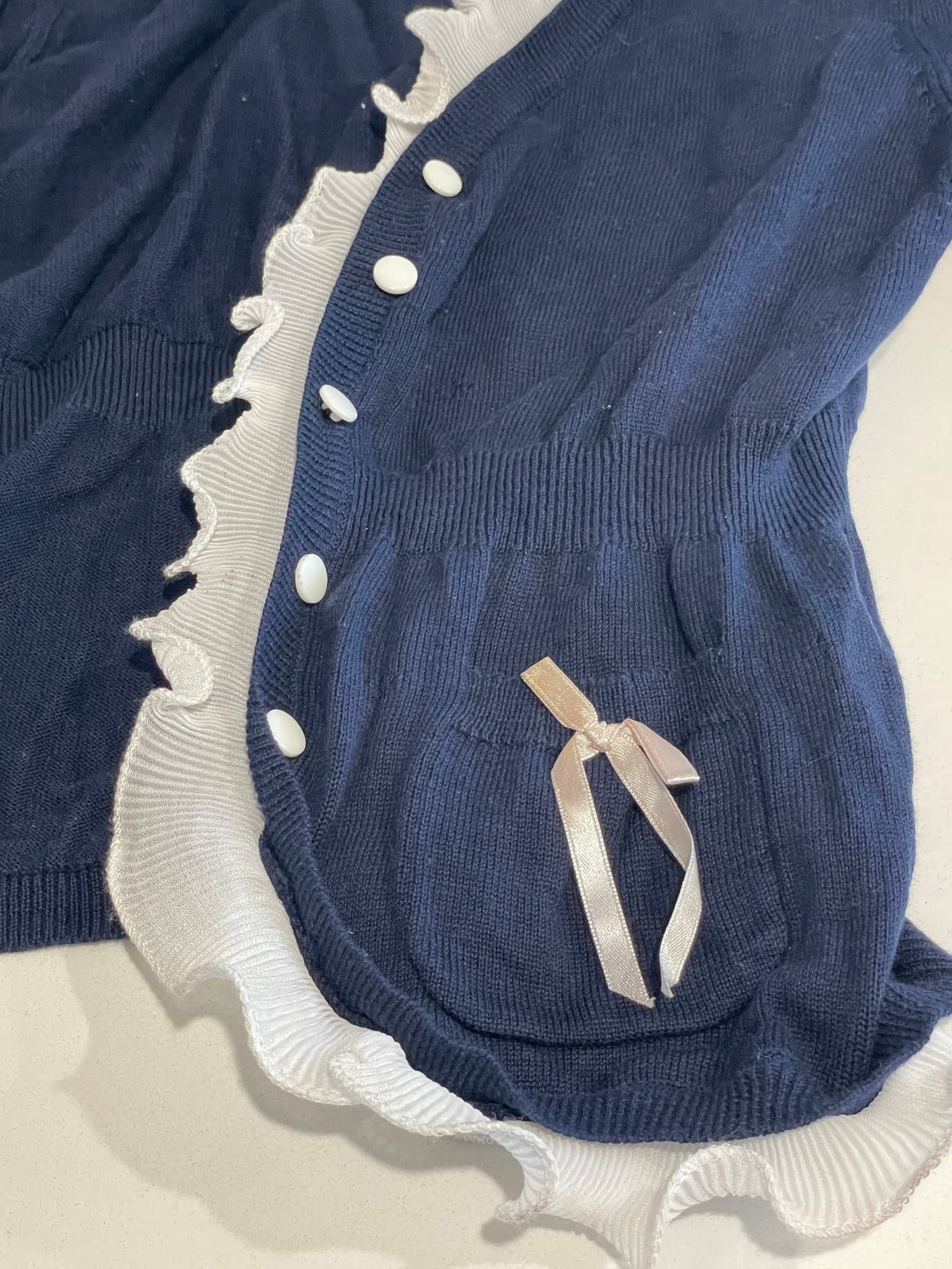 Navy Blue Cardigan Ruffle Trim & Bow Detail Size XL — photo 6 of 10