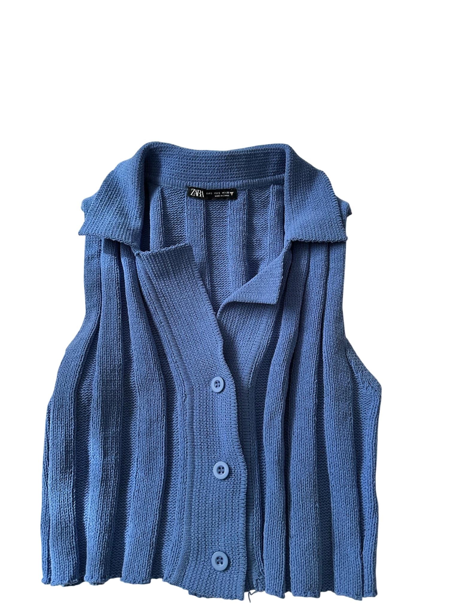 Zara Blue Ribbed Knit Sleeveless Button-Up Vest — photo 1 of 3