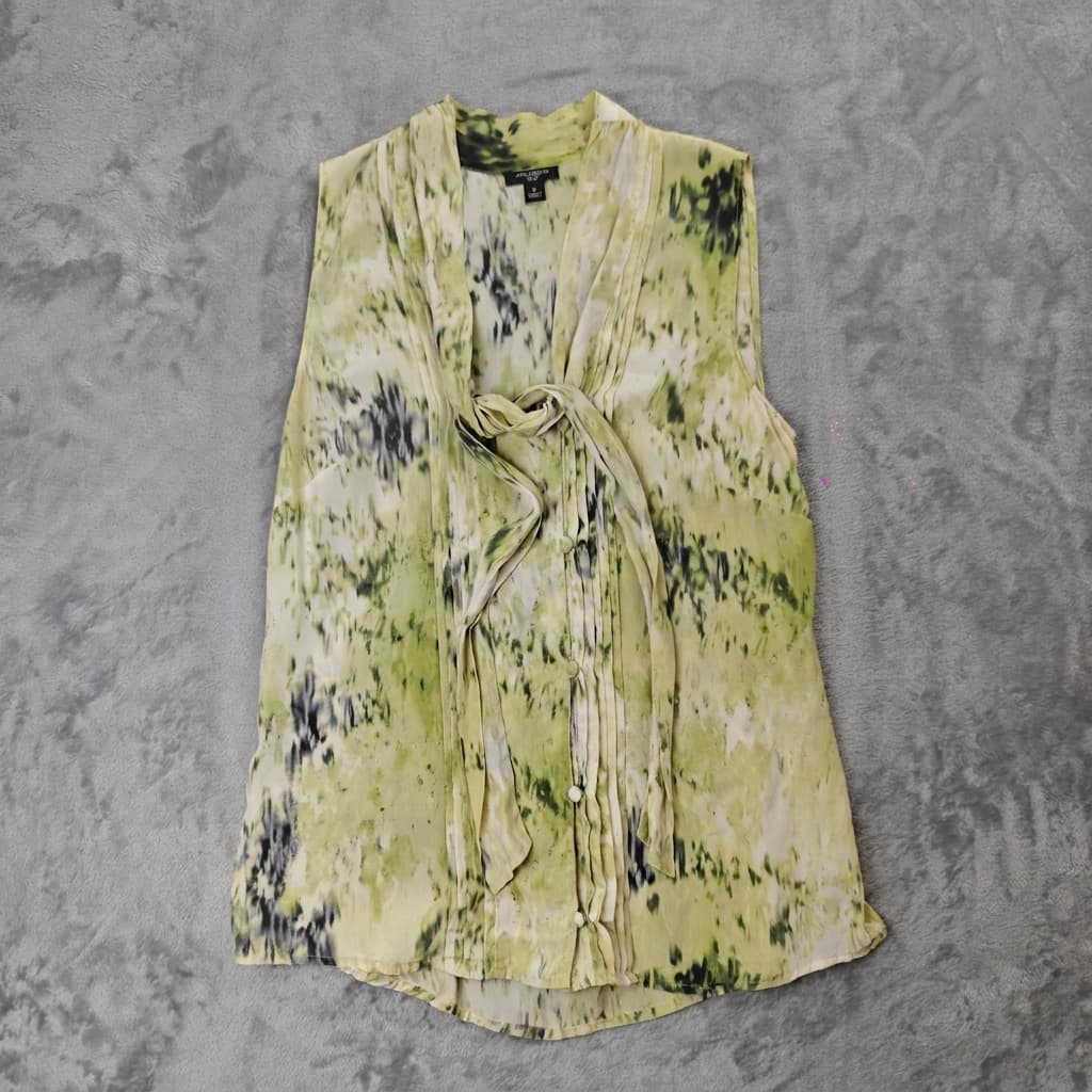 Ann Taylor Sleeveless Silk Tie-Neck Blouse Green Abstract Print — photo 1 of 8