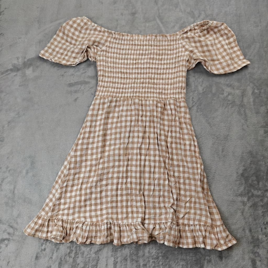 Handa Women's Off-Shoulder Smocked Gingham Mini Dress Beige White Size XS — photo 1 of 7