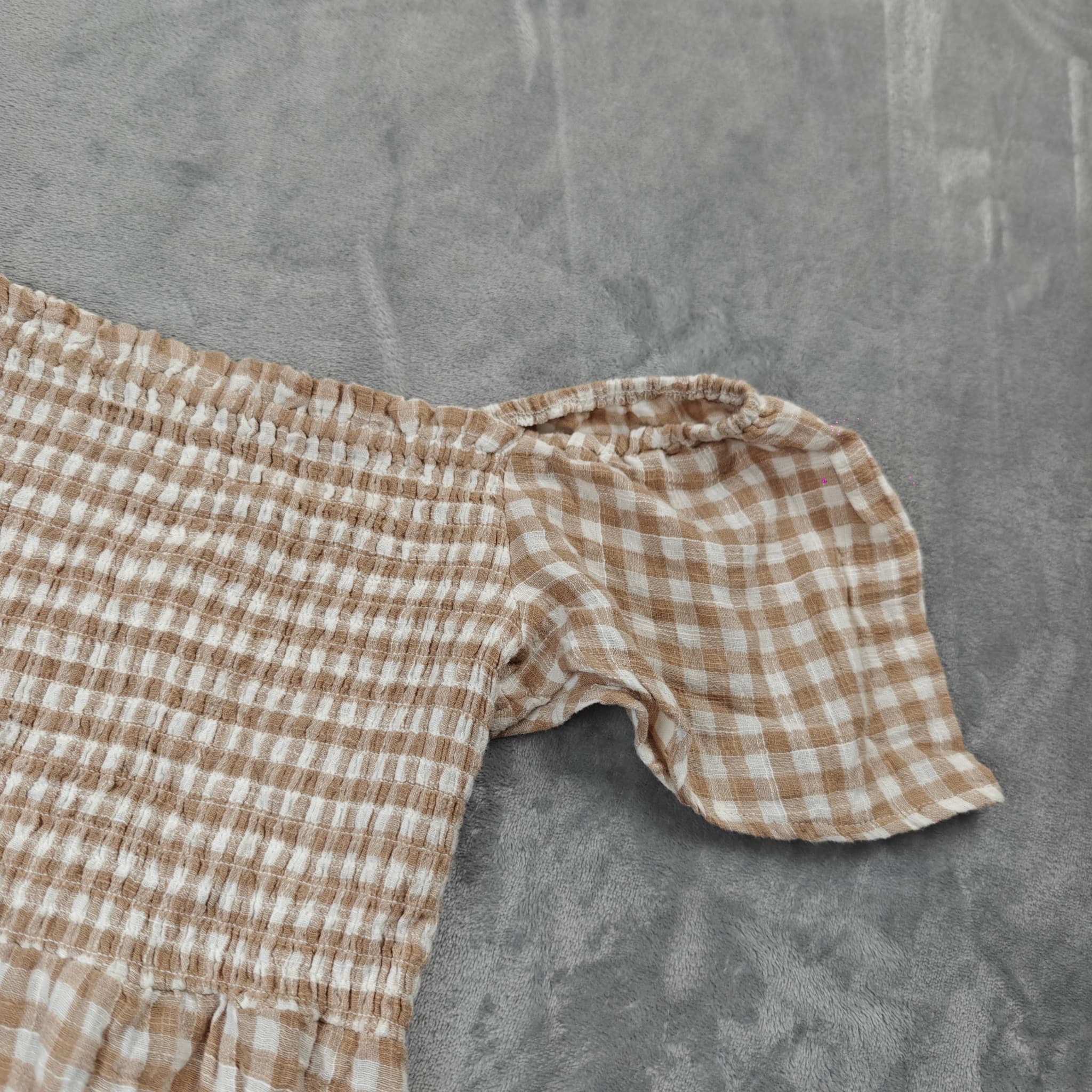 Handa Women's Off-Shoulder Smocked Gingham Mini Dress Beige White Size XS — photo 2 of 7