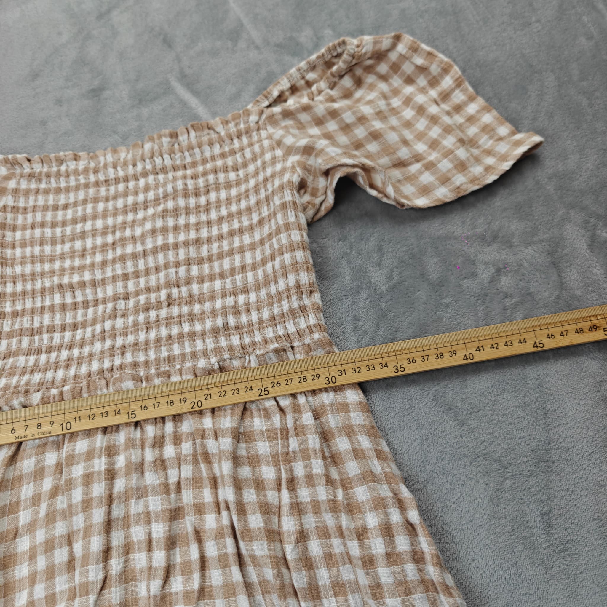 Handa Women's Off-Shoulder Smocked Gingham Mini Dress Beige White Size XS — photo 4 of 7