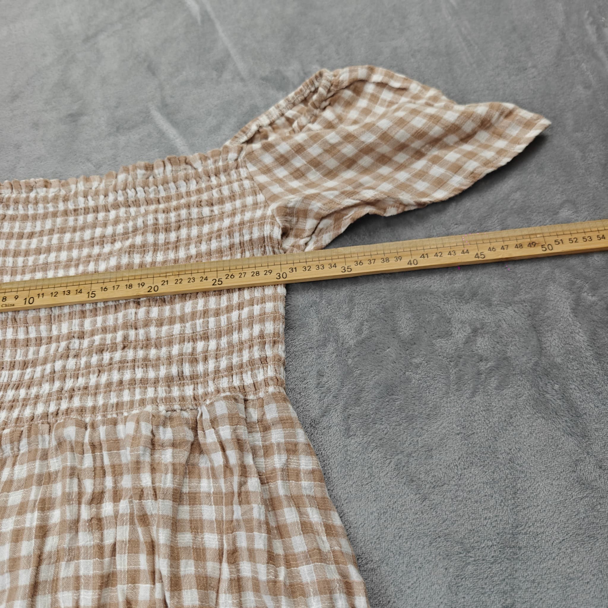 Handa Women's Off-Shoulder Smocked Gingham Mini Dress Beige White Size XS — photo 5 of 7