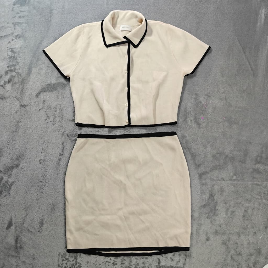 Meshki Knit Two Piece Set Women's Size L Beige Black Contrast Trim — photo 2 of 10