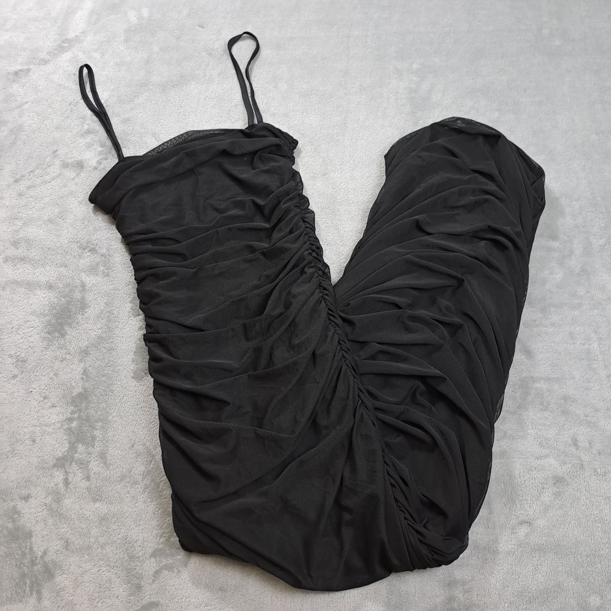 PrettyLittleThing Black Ruched Mesh Midaxi Dress Size 6 — photo 1 of 5