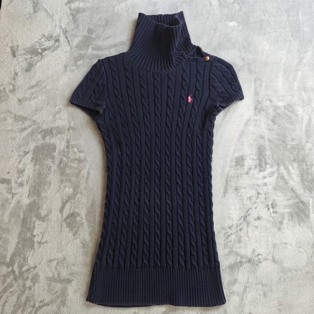 Ralph Lauren Women's Size 12 Navy Cable-Knit Short Sleeve Turtleneck Sweater — photo 2 of 9