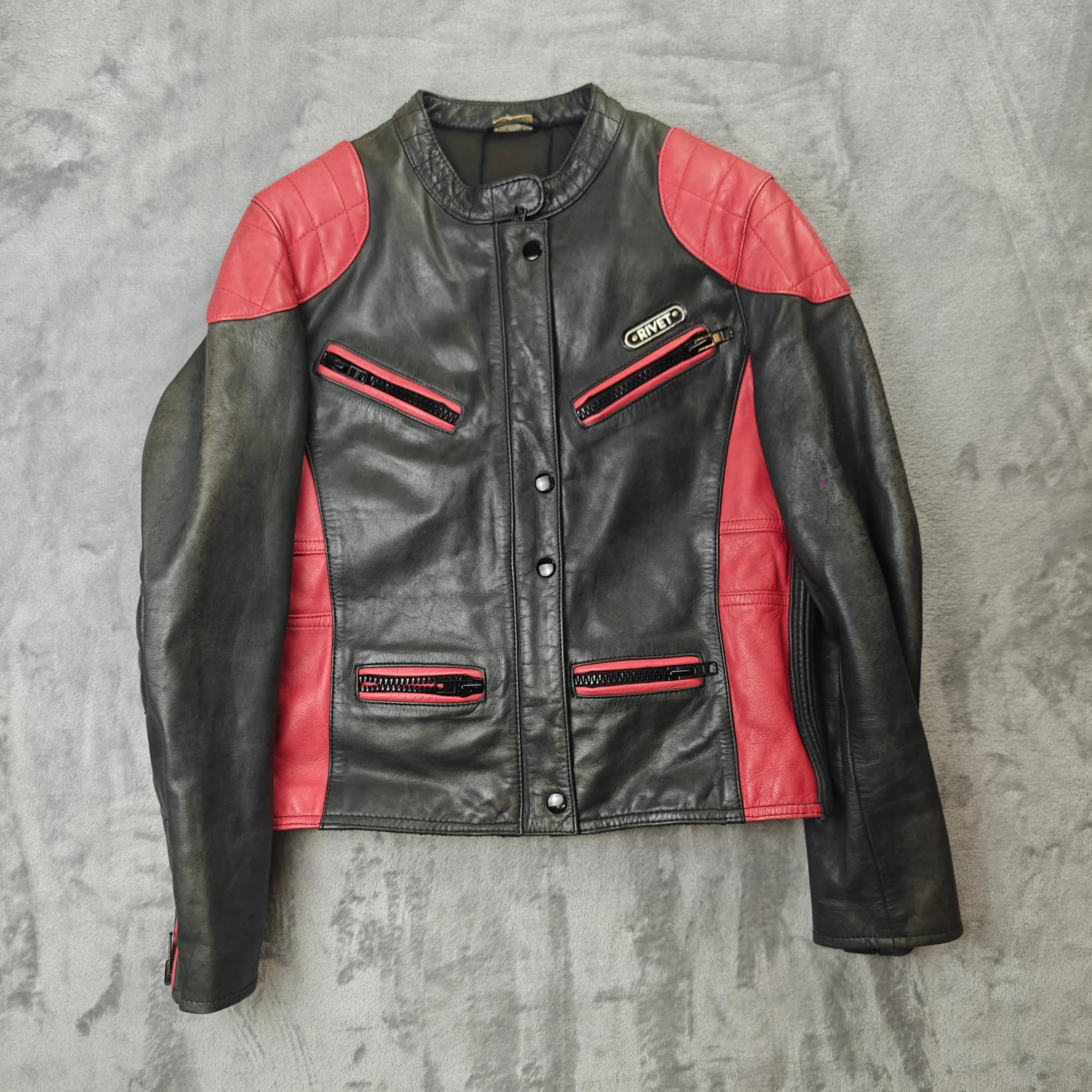 Rivet Leather Motorcycle Jacket Woman's Size 14 Black Red Riding — photo 1 of 8