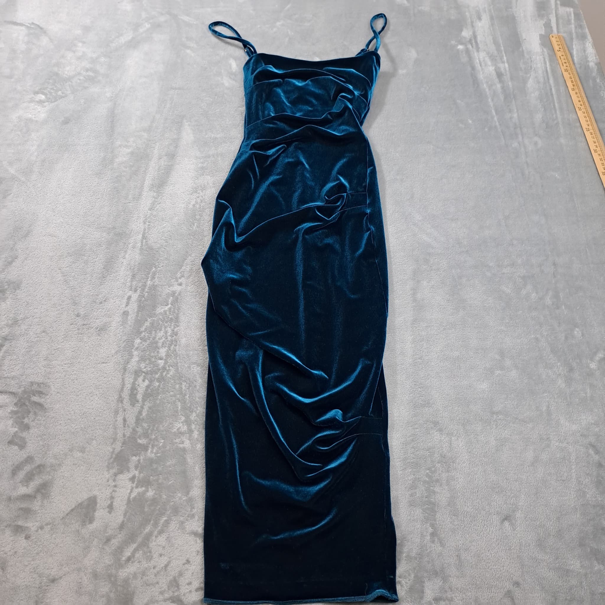 Teal Blue Velvet Ruched Midi Dress Women's — photo 1 of 7