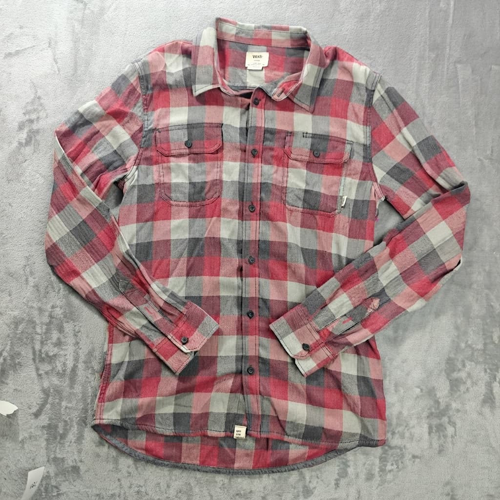 Vans Men's Red and Grey Plaid Long Sleeve Button-Down Flannel Shirt — photo 1 of 6