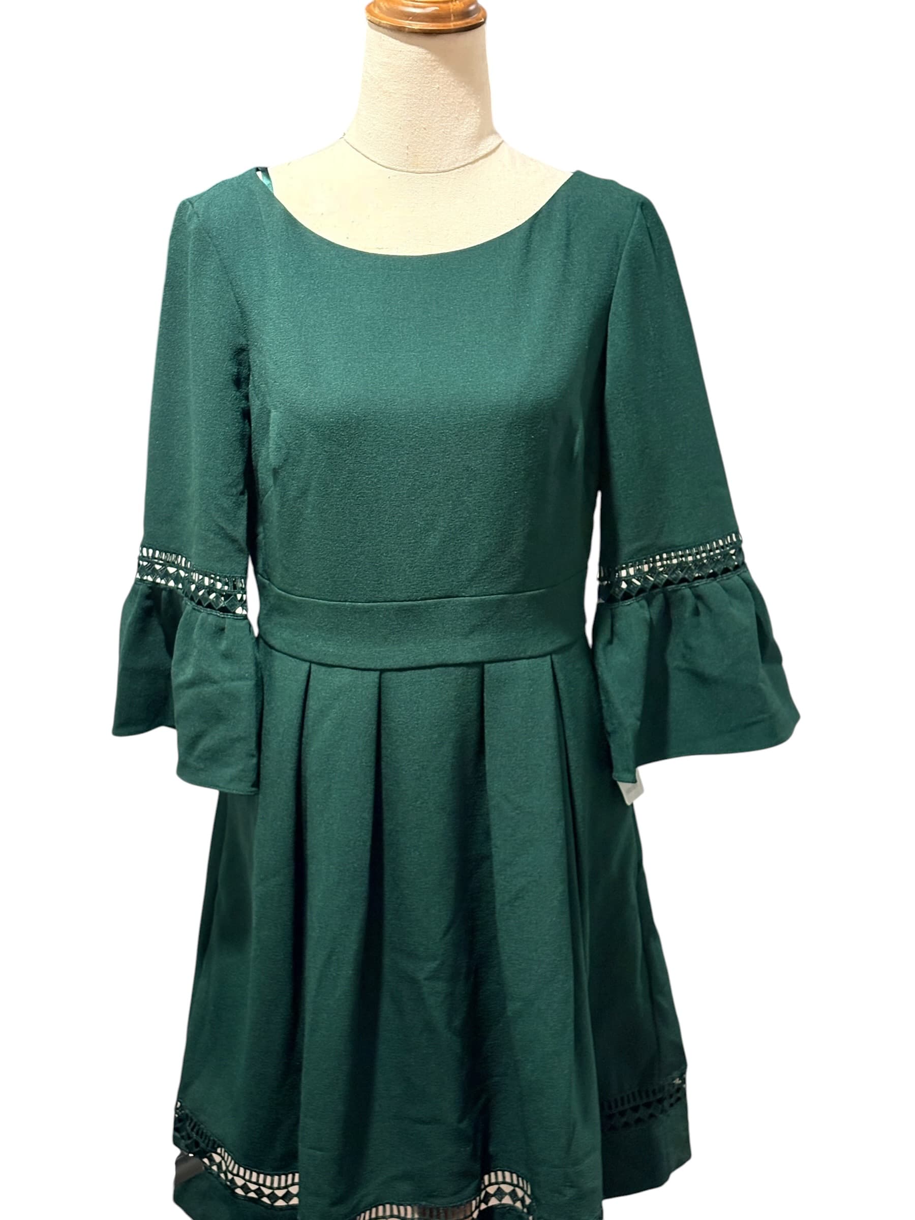 Eliza J Pleated Dress With Bell Sleeves Dark Green Size 6 — photo 3 of 8