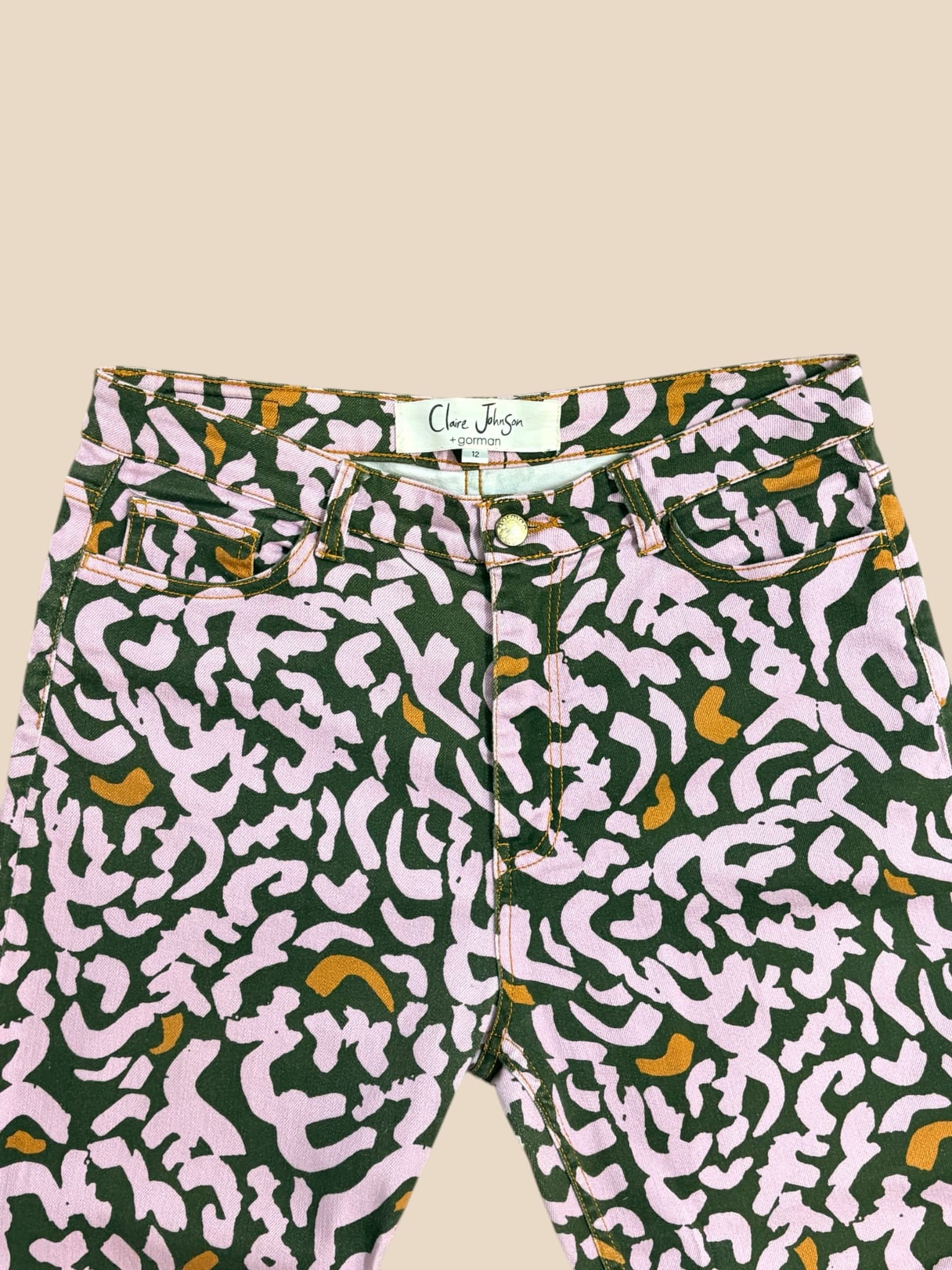 Gorman x Claire Johnson Jeans Abstract Print Pink Olive Mustard Women's 12 — photo 3 of 7