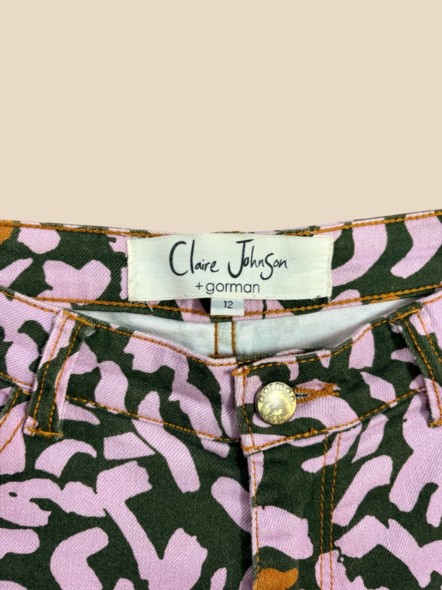 Gorman x Claire Johnson Jeans Abstract Print Pink Olive Mustard Women's 12 — photo 4 of 7