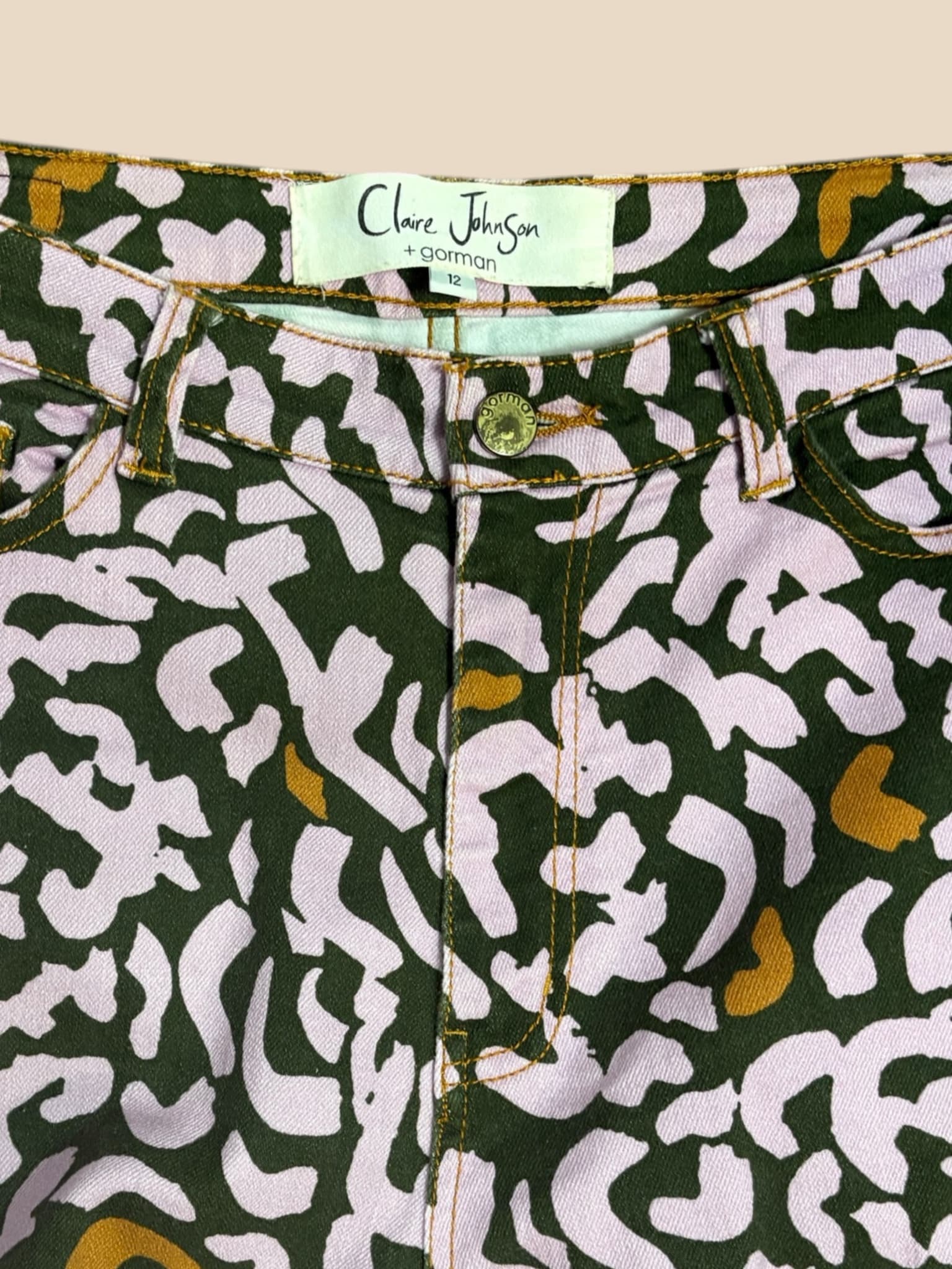 Gorman x Claire Johnson Jeans Abstract Print Pink Olive Mustard Women's 12 — photo 5 of 7