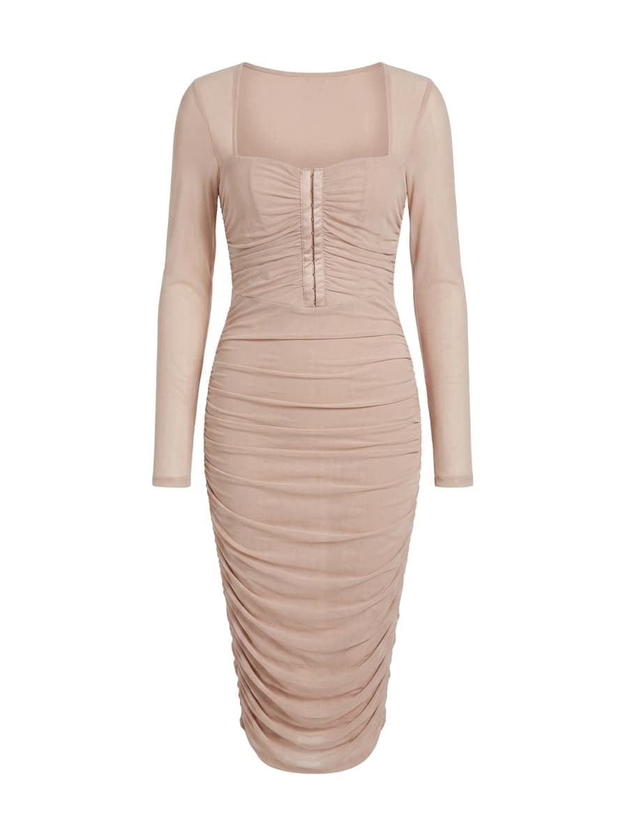 Guess Nude Mesh Ruched Long Sleeve Midi Dress - Size S — photo 1 of 15