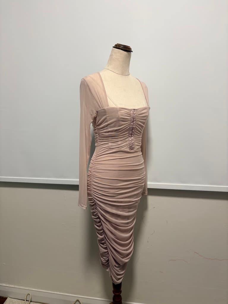 Guess Nude Mesh Ruched Long Sleeve Midi Dress - Size S — photo 2 of 15