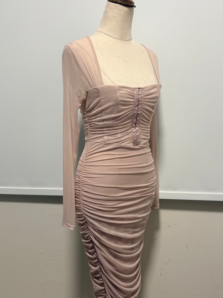Guess Nude Mesh Ruched Long Sleeve Midi Dress - Size S — photo 15 of 15