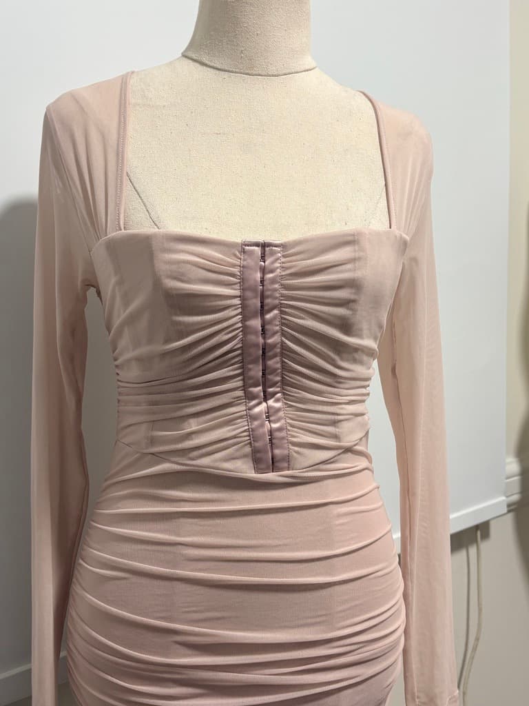 Guess Nude Mesh Ruched Long Sleeve Midi Dress - Size S — photo 3 of 15