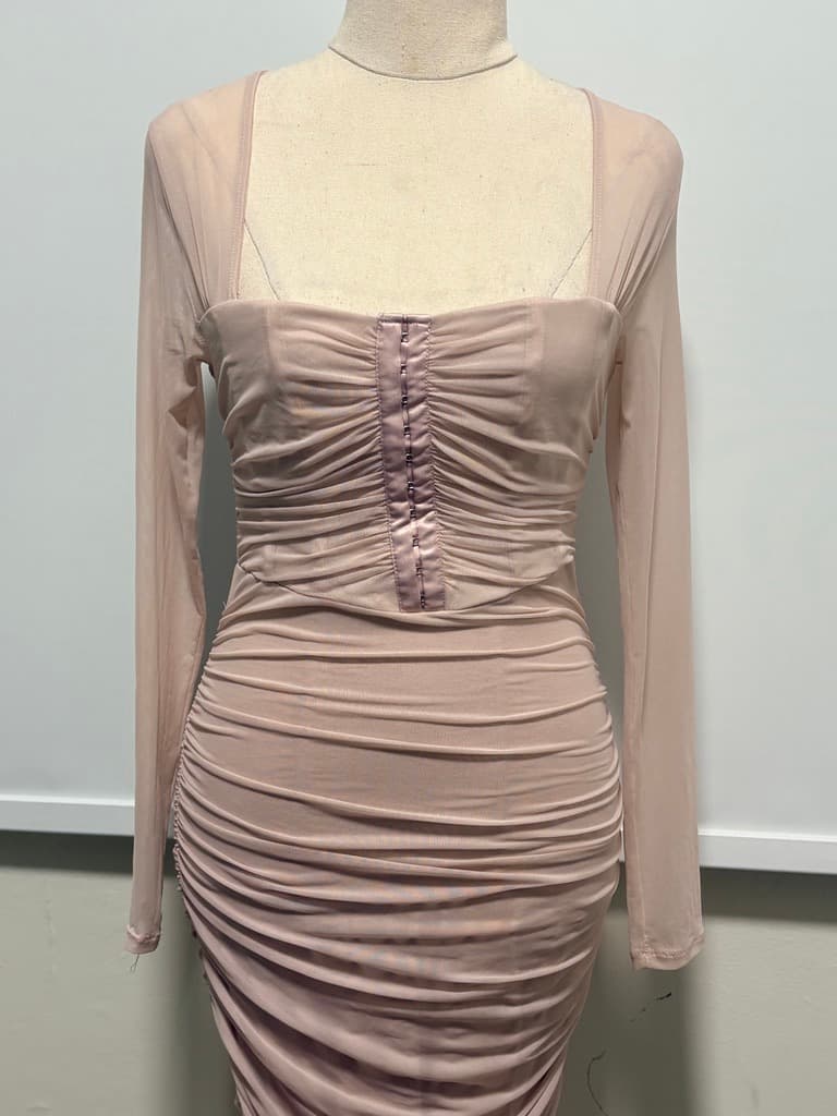 Guess Nude Mesh Ruched Long Sleeve Midi Dress - Size S — photo 6 of 15