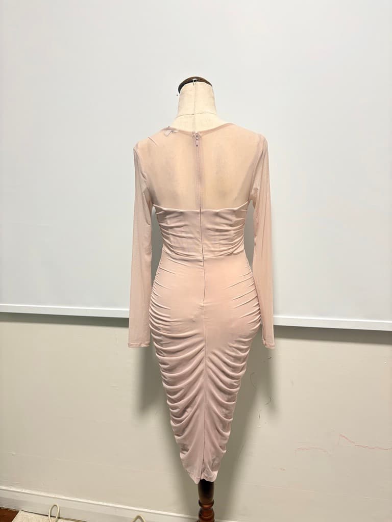 Guess Nude Mesh Ruched Long Sleeve Midi Dress - Size S — photo 7 of 15